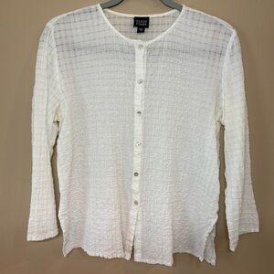 Eileen Fisher Ivory Relaxed 3/4 Sleeve Round Neckline Button Front Top, S EUC